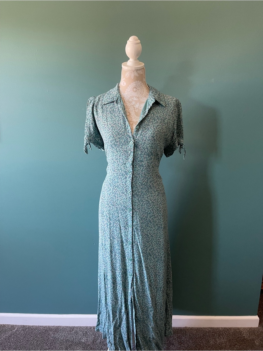 Light Teal Floral Button-Front Maxi Dress